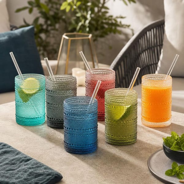 Wudkey 15 oz. Multicolor Vintage Embossed Glass Drinking Glasses (Set of 6)