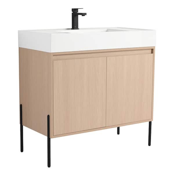 FINE FIXTURES Crownpoint 36 in. Freestanding Single White Oak Bathroom Vanity with White Acrylic Sink Top Unassembled