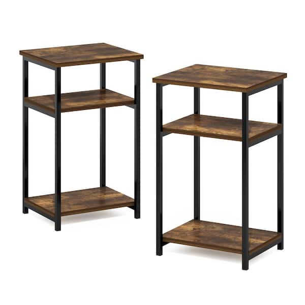 Just 13.4 in. Amber Pine Rectangle Wood End Table with Industrial Metal Frame (Set of 2)