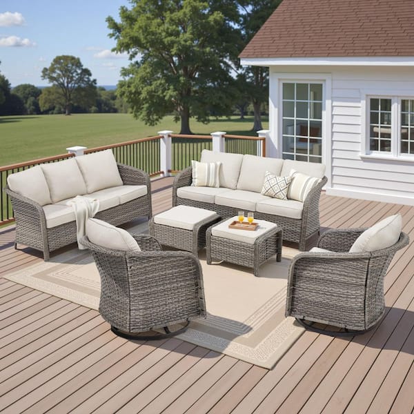 Buenaola 6-Piece Wicker Patio Conversation Set with Swivel Glider Chairs, Outdoor Couch Seating Set with Beige Cushions