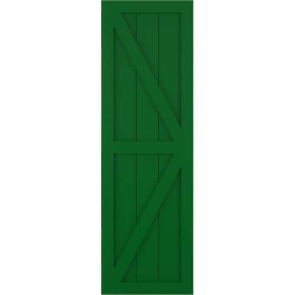 Ekena Millwork 12 in. x 32 in. PVC Two Equal Panel Farmhouse Fixed Mount Board and Batten Shutters with Z-Bar Pair in Viridian Green