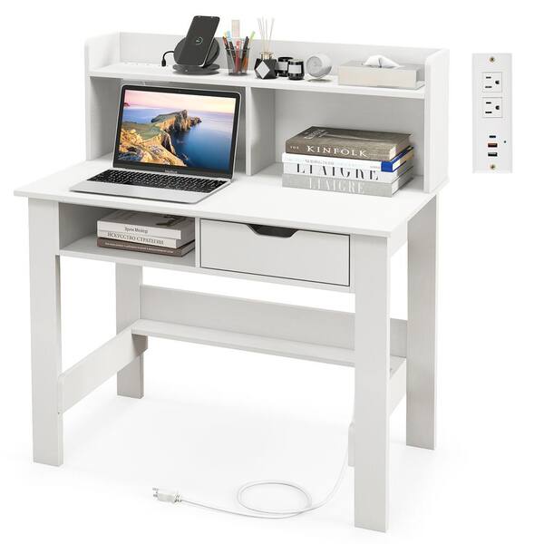 Gymax 37.5 in. White Computer Desk w/ Power Outlets and USB Ports