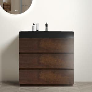 NOBLE 36 in. W x 18 in. D x 25 in. H Single Sink Freestanding Bath Vanity in Wood with Black Solid Surface Top