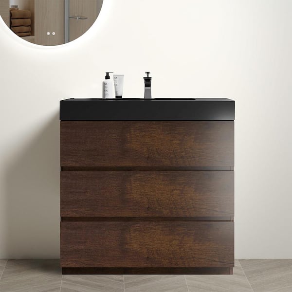 INSTER NOBLE 36 in. W x 18 in. D x 37 in. H Single Sink Freestanding Bath Vanity in Wood with Black Solid Surface Integral Top