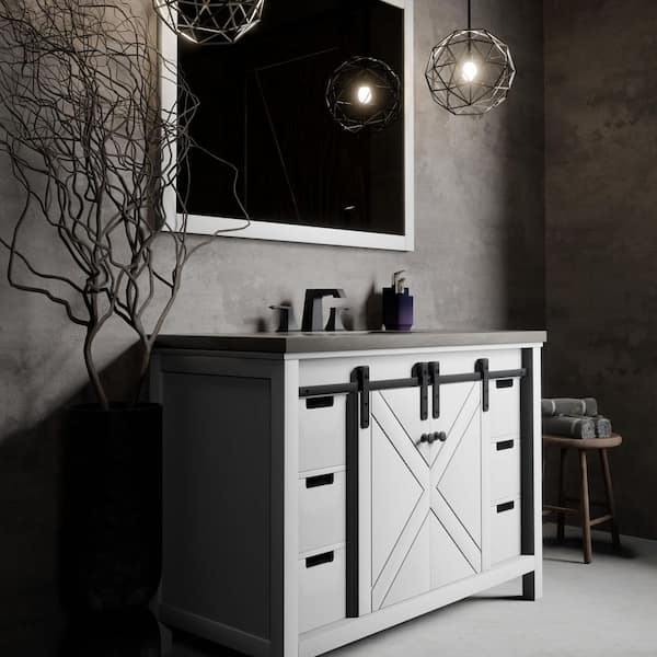 Marsyas 48 in W x 22 in D White Bath Vanity, Grey Quartz Countertop and 44 in Mirror