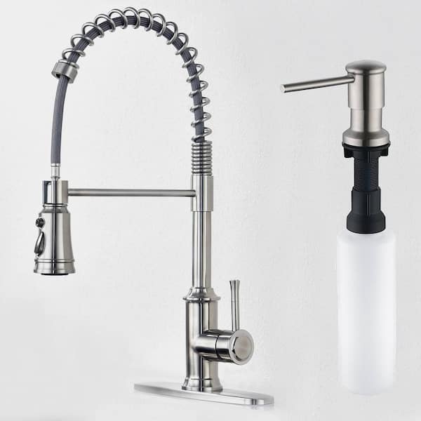 Single Handle Pull Down Sprayer Kitchen Faucet with Soap Dispenser in Stainless Steel Brushed Nickel