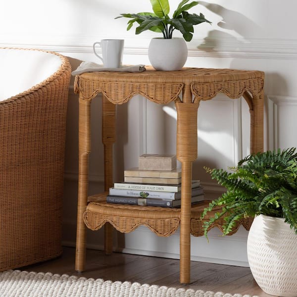 bali & pari Paisley 28.7 in. Light Honey Half-Moon Wicker Rattan Console Table