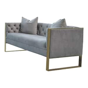 56.75 in. Gray and Gold Solid Velvet 2-Seater Loveseat with 2 Pillows and Steel Frame