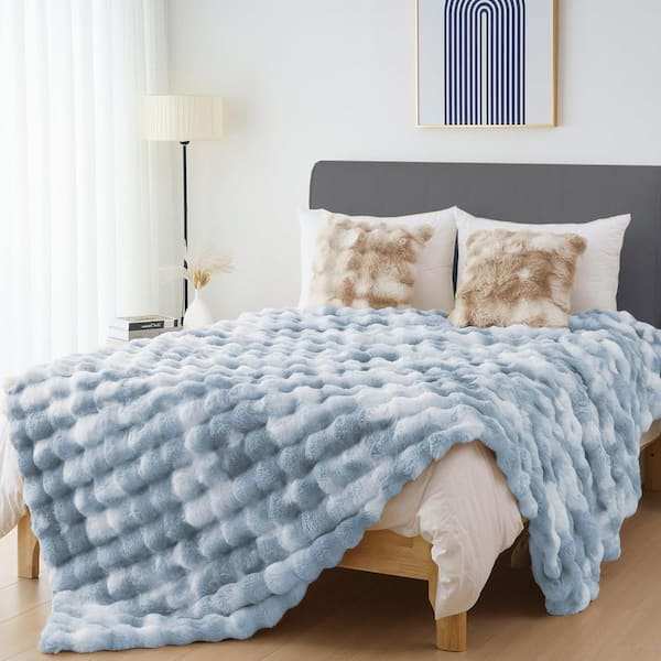 ILTB Tie-dyed Blue Faux Rabbit Fur 60 in. x 80 in. Fluffy Furry Fuzzy Throw Blanket for Bed Sofa