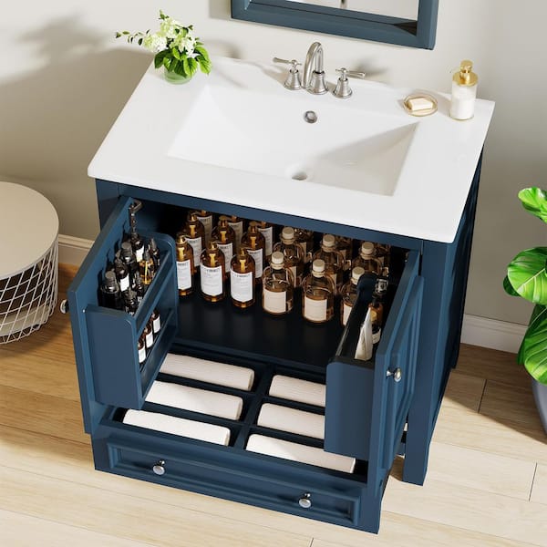 30 in. Single Sink Freestanding Blue Bath Vanity with White Ceramic Top Unassembled