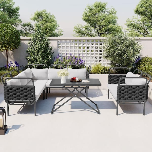Boosicavelly Black Metal Outdoor 5-Piece Patio Sectional Sofa Set with Glass Table and Gray Cushions