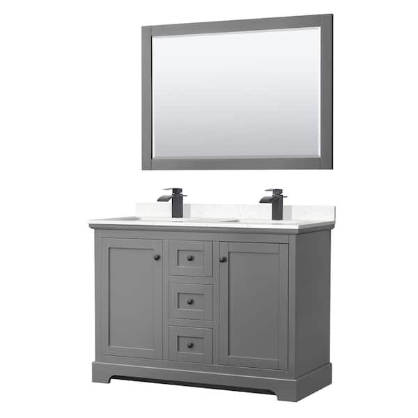 Wyndham Collection Avery 48 in. W x 22 in. D x 35 in. H Double Bath Vanity in Dark Gray with Carrara Cultured Marble Top and 46 in. Mirror