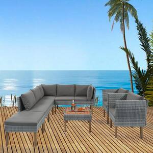 Grey 9-Piece Patio Wicker Outdoor Sectional Set with Grey Cushions, Wood Legs, Acacia Wood Tabletop, Armrest Chairs