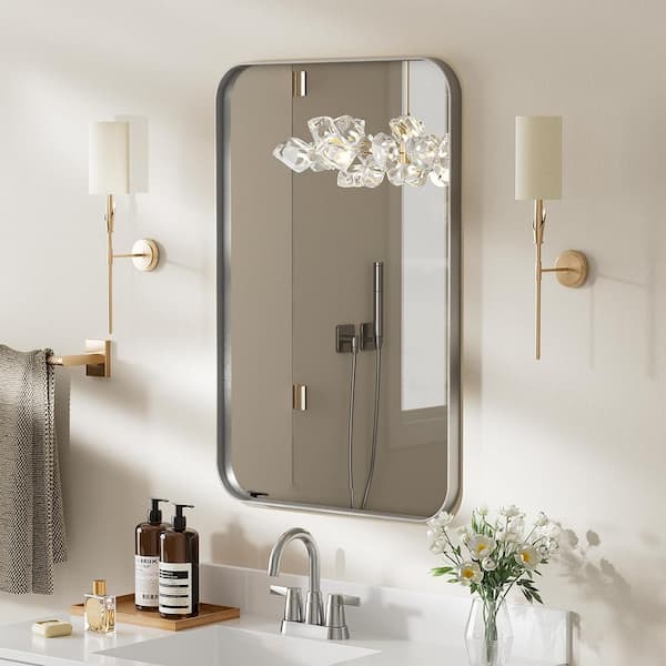 HOMEIBRO 22 in. W x 30 in. H Tempered Glass Rounded Rectangle Framed Wall-Mounted Bathroom Vanity Mirror in Silver