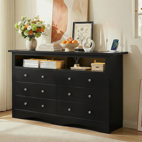 6 Drawer Dresser with LED Lights & Open Storage Shelf, Black Dresser Chest of Drawers for Bedroom