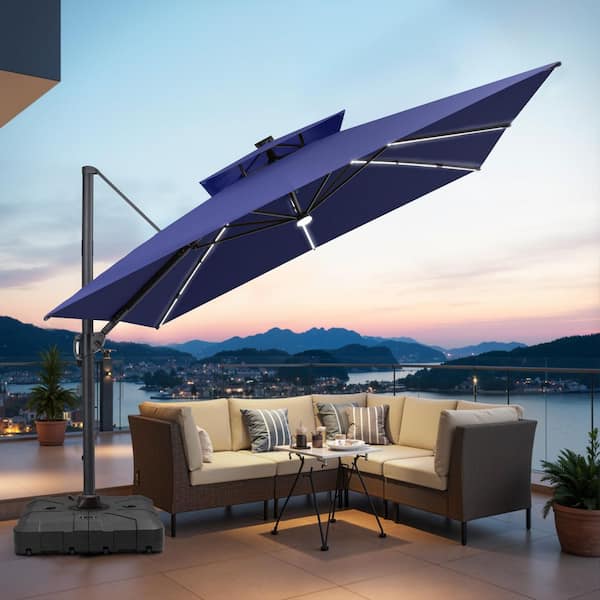 Pellebant 11 ft. Square Solar LED Patio Umbrella Outdoor Heavy-Duty 360 Swivel Cantilever Offset Umbrella in Navy Blue with Base PU107LNAVUB024 - The Home Depot Pellebant 11 ft. Square Solar LED Patio Umbrella Outdoor Heavy-Duty 360 Swivel Cantilever Offset Umbrella in Navy Blue with Base PU107LNAVUB024 - The Home Depot