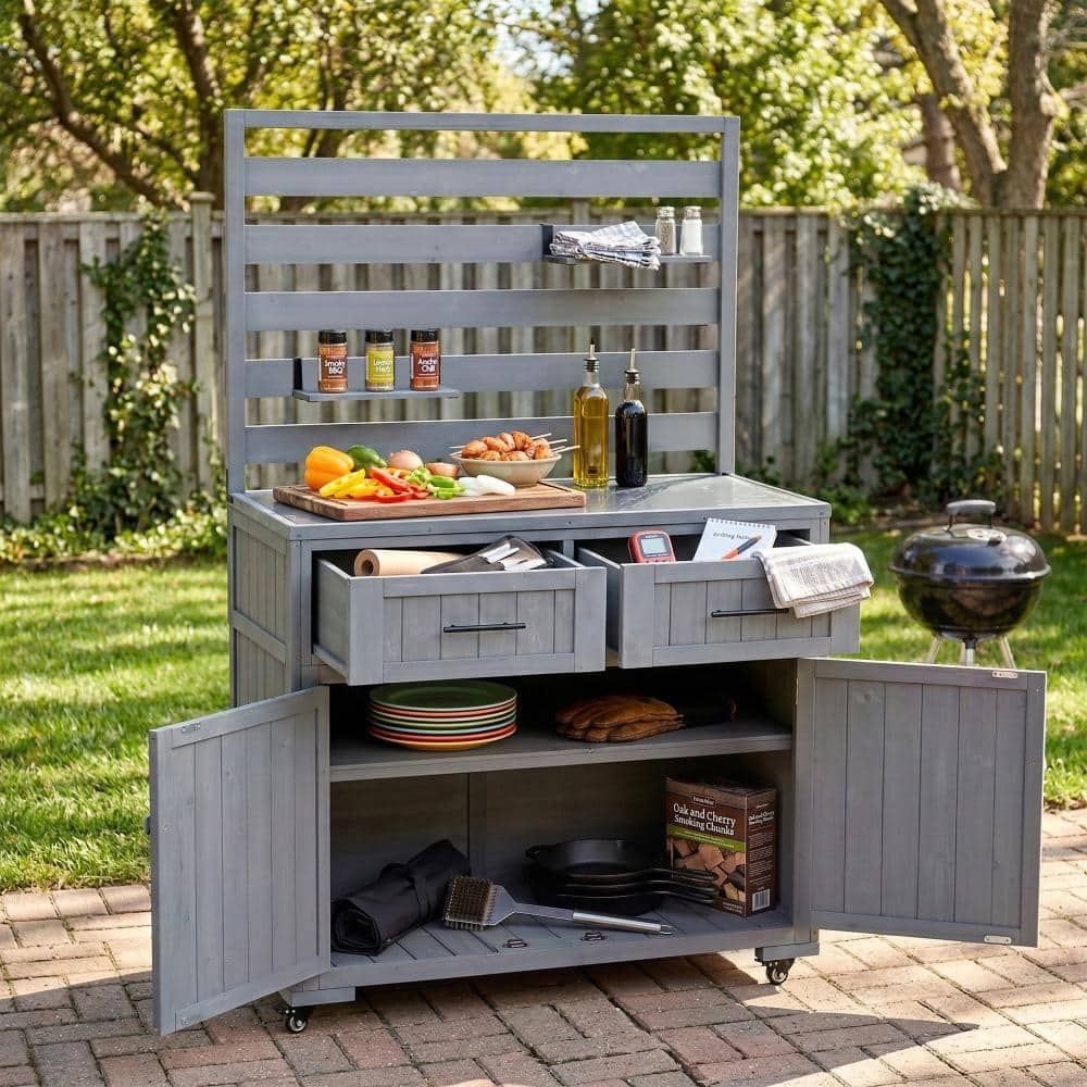 41.7 in. W x 19.3 in. D Outdoor Kitchen Island, Gray Wood Grill Cart with Sink, Drawers and Shelves price history on PriceWatchPro