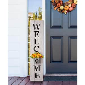 42 in. H White Wooden Welcome Porch Sign with Metal Planter
