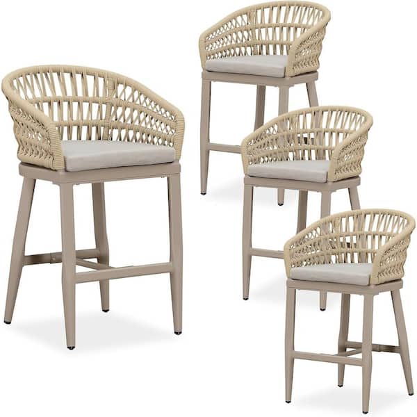 Modern Aluminum Rattan Counter Height Outdoor Bar Stool with Back and Beige Cushion (4-Pack)