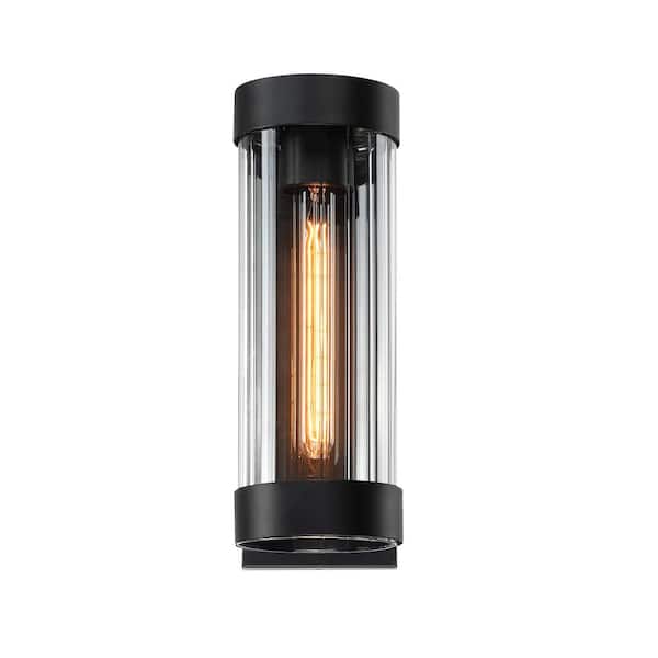 PUDO 4.95 in. Modern Black Wall Sconce with Clear Glass Cylinder Shade for Outdoor
