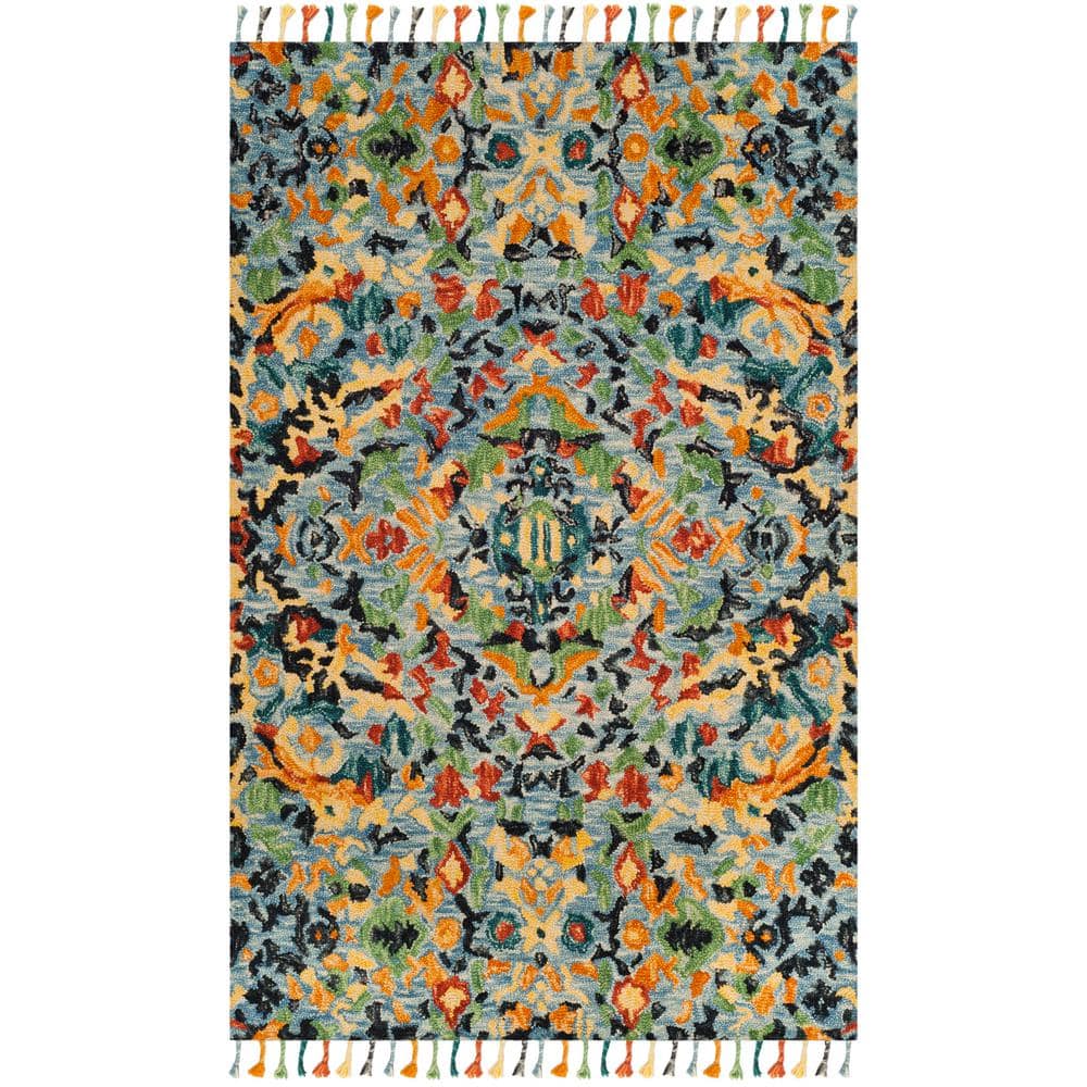 Handmade Tufted Floral Wool and Cotton Area Rug, Blue, 9' x 12'