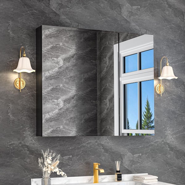 FAMYYT 30 in. W x 26 in. H Rectangular Black Aluminum Alloy Recessed/Surface Mount Medicine Cabinet with Mirror