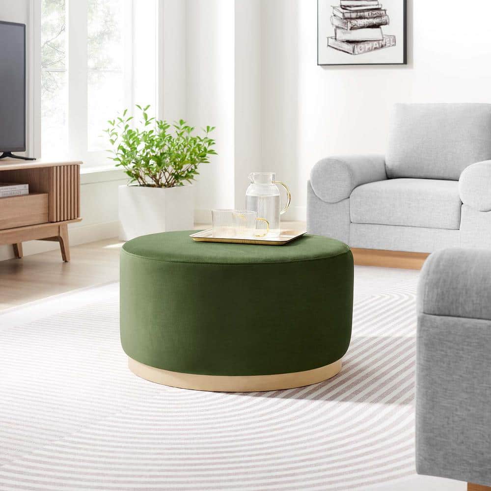 Moss Green Velvet Round Ottoman with Rubberwood Base