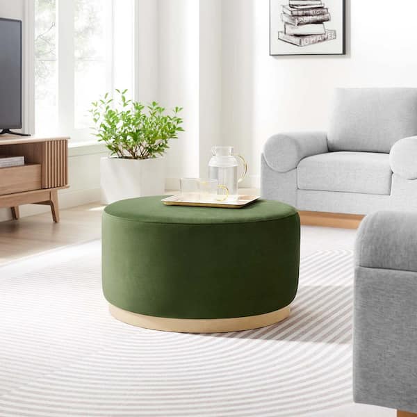 MODWAY Tilden Large 29 in. Round Performance Velvet Upholstered Ottoman in Moss Green Natural