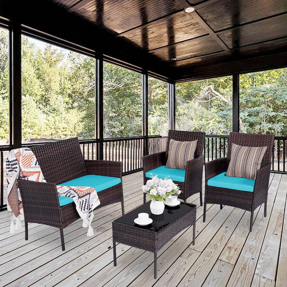 4-Piece Brown Wicker Patio Conversation Set with Blue Cushion and Tempered Glass Table for Yard price history on PriceWatchPro