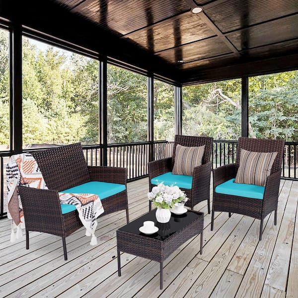 4-Piece Brown Wicker Patio Conversation Set with Blue Cushion and Tempered Glass Table for Yard