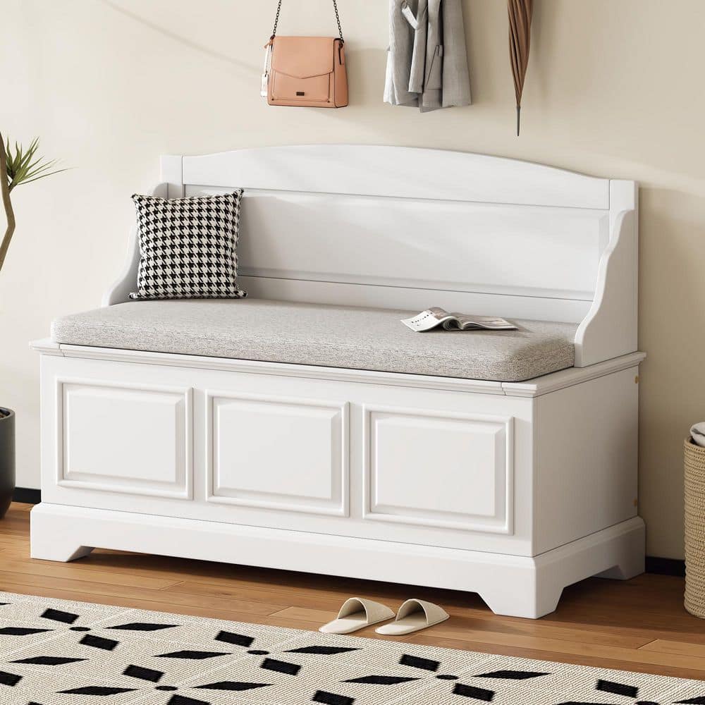 Montrae White 41.7 in. Entryway Storage Shoe Bench Bedroom Bench with Back and Cushion