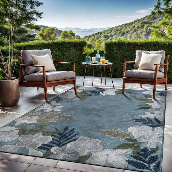 Eden 6 ft. x 9 ft. Aqua  Washable Border Floral Indoor Outdoor Area Rug