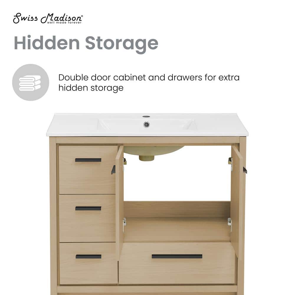 Virage 36" Light Oak MDF Freestanding Bathroom Vanity with Ceramic Top