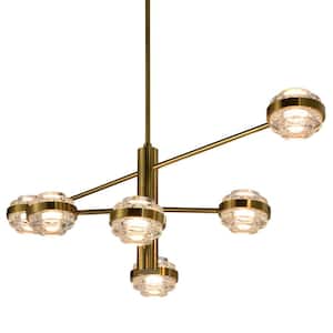 Milano 40 in. 6-Light ETL Certified Integrated LED Chandelier Light Fixture in Antique Brass with Height Adjustable Rods