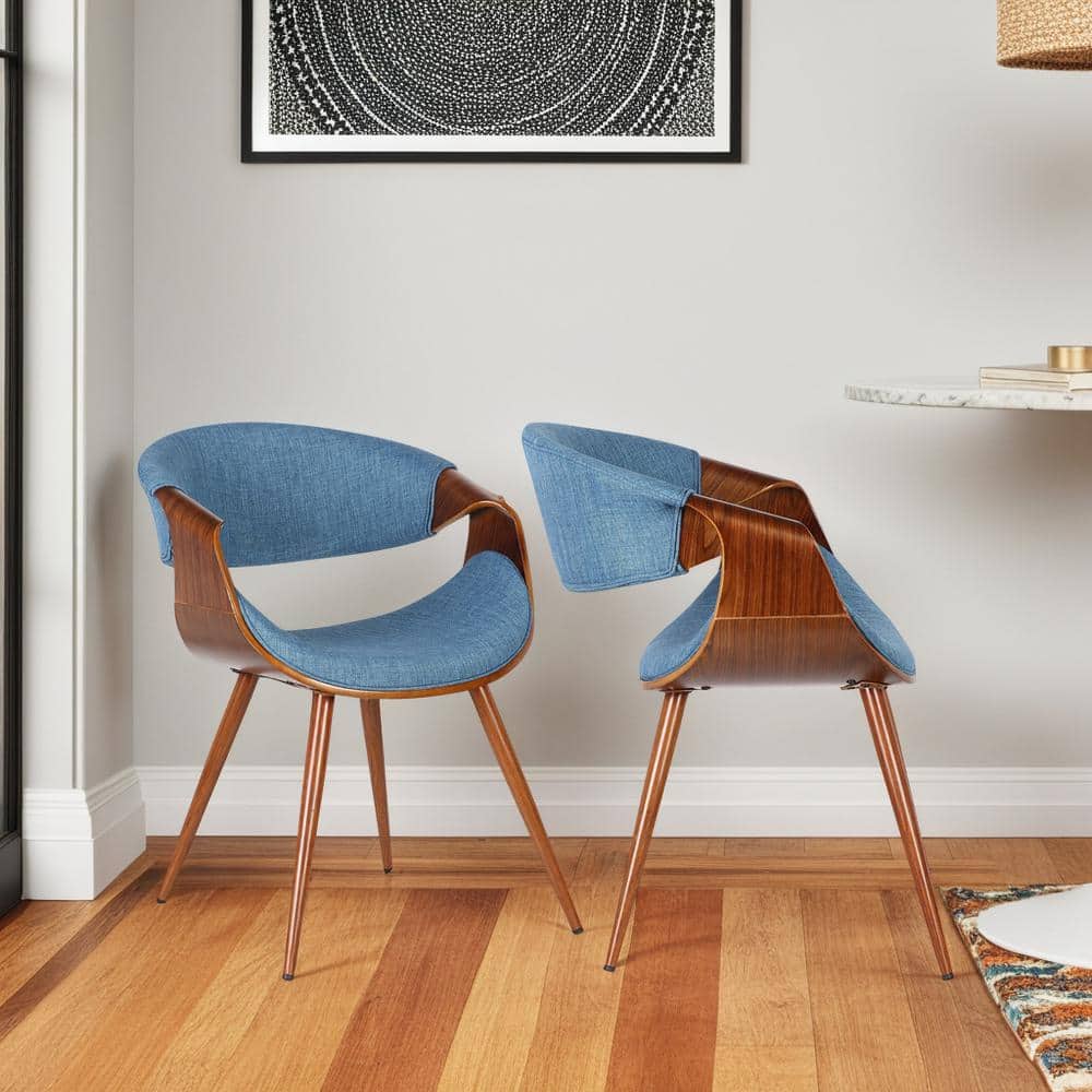 Mid-Century Modern Upholstered Blue Wood Side Chair