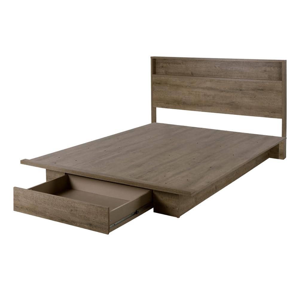 Weathered Oak Full Platform Bed with Upholstered Headboard and Drawer