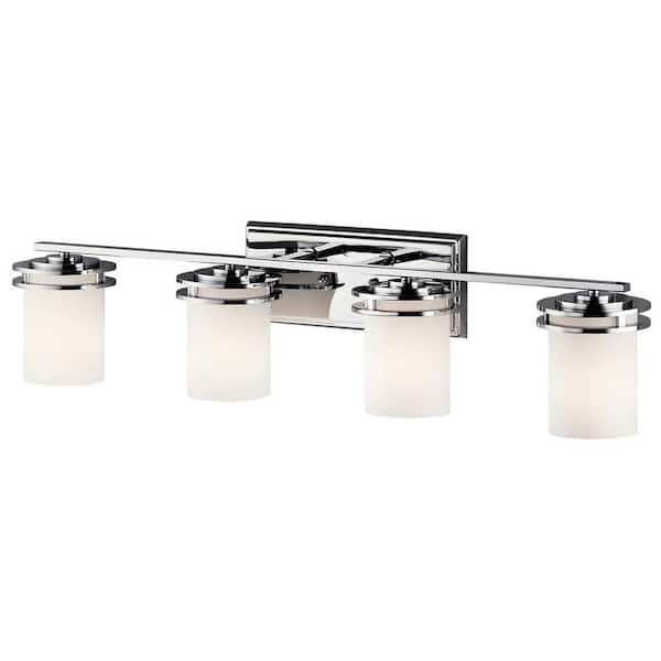 Hendrik 33.75 in. 4-Light Chrome Contemporary Bathroom Vanity Light with Etched Glass Shade