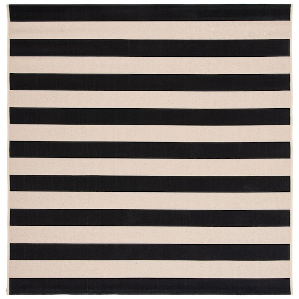 Courtyard Beige/Black 4 ft. x 4 ft. Awning Stripe Indoor/Outdoor Square Area Rug