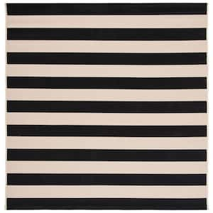 Courtyard Beige/Black 7 ft. x 7 ft. Awning Stripe Indoor/Outdoor Patio  Square Area Rug