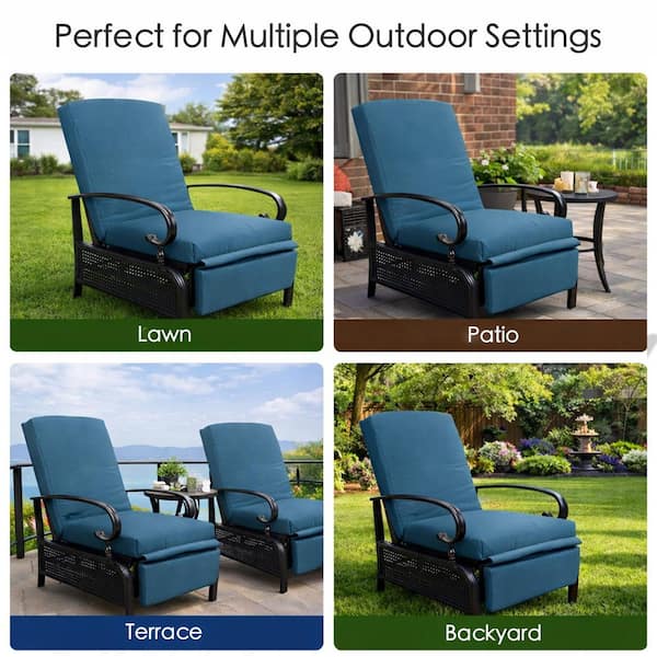 KOZYARD Black Metal Outdoor Recliner with Aqua Cushions for