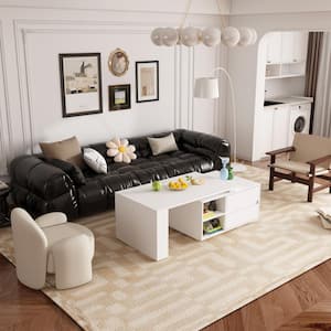 39.4 in ., Length White Rectangle Wooden Coffee Table with Extendable Top Surface, Open Shelves & Drawers