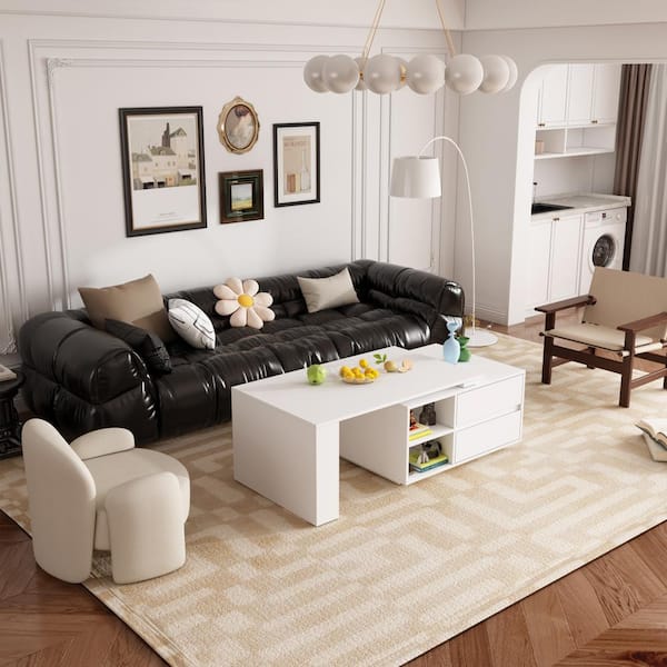 FUFU&GAGA 39.4 in ., Length White Rectangle Wooden Coffee Table with Extendable Top Surface, Open Shelves & Drawers