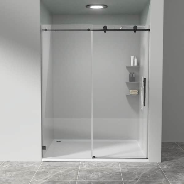 56-60 in. W x 74 in. H Frameless Single Sliding Shower Door in Matte Black with 5/16 in. Clear Glass Tempered Soft-Close