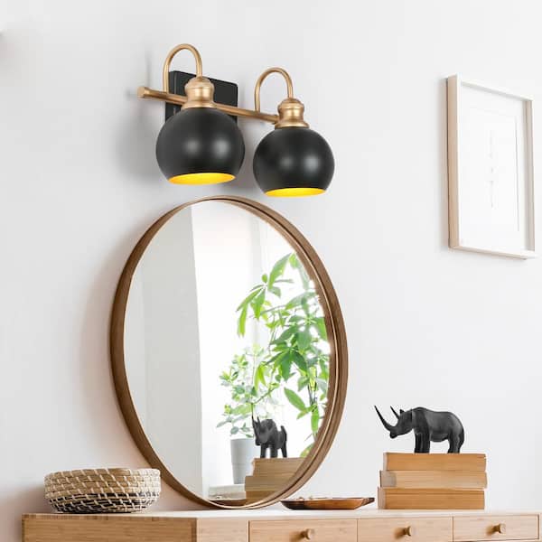 14.2 in. 2-Light Black and Gold Vanity Light with Metal Shades