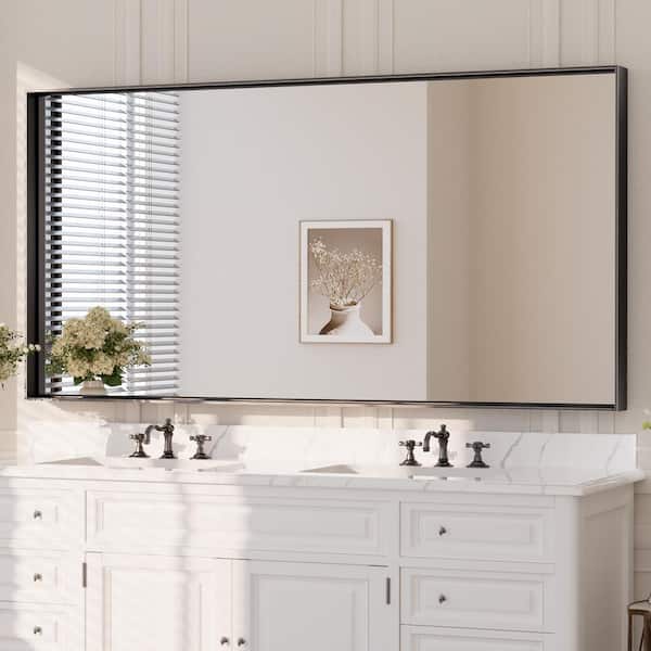 KeonJinn 60 in. W x 30 in. H Rectangular Framed Aluminum Square Corner Wall Mount Bathroom Vanity Mirror in Matte Black