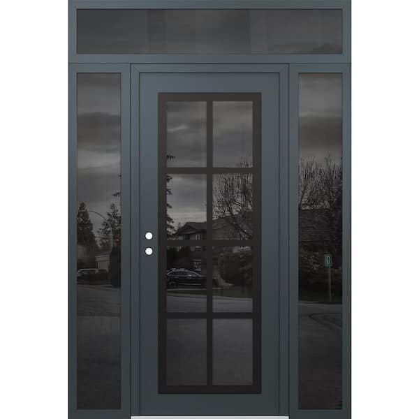 C16 68 in. x 96 in. Black P Right-Hand/Inswing Mirrored Glass Anth/Anth 2 Sidelite+Transom Steel Prehung Front Door