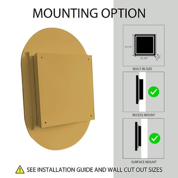 Tenleaf 20.47 in. W x 33.46 in. H Oval Metal Medicine Cabinet with Mirror, Wall Cabinet with Adjustable Shelves, Gold