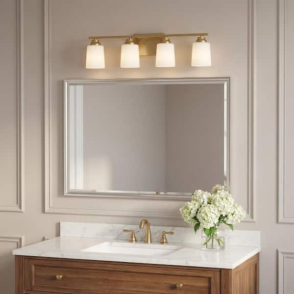 Vinton 29 in. W 4-Light Satin Brass Traditional Bathroom Vanity Light with Etched Glass Shades