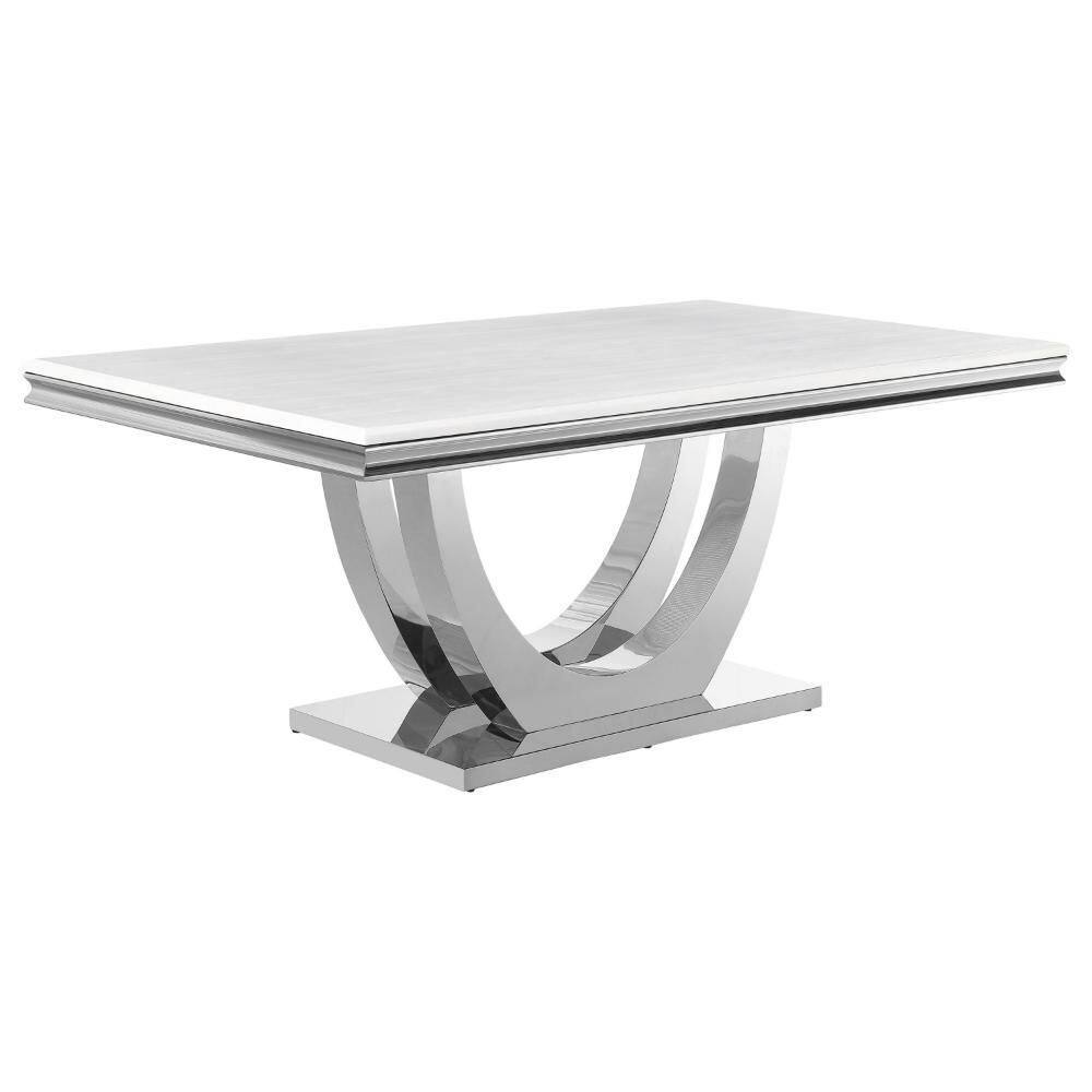 Rectangular White and Chrome Faux Marble Top 71 in. Pedestal Dining Table Seats 8