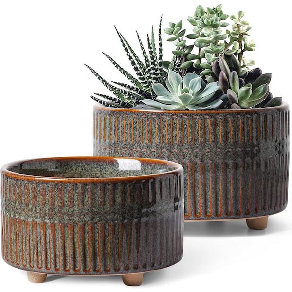 ITOPFOX Modern 8 in. L x 8 in. W x 5 in. H Reactive Glaze Black Ceramic Round Indoor Planter (2-Pack)